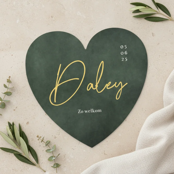 Stijlvol groengeboortekaartje jongen in hartvorm uitgesneden