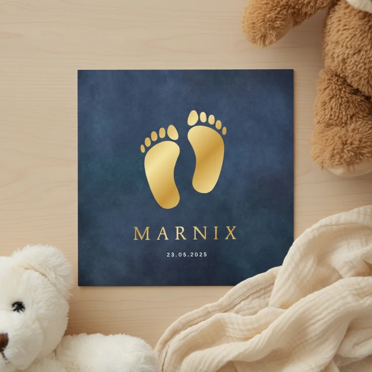 Stijlvol klassiek geboortekaartje met gouden voetjes