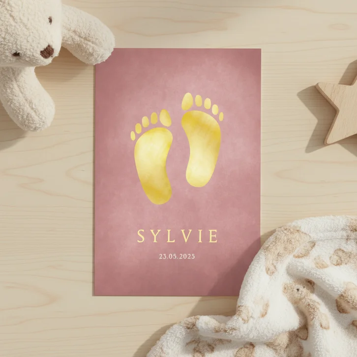 Stijlvol klassiek geboortekaartje met goudlook voetjes