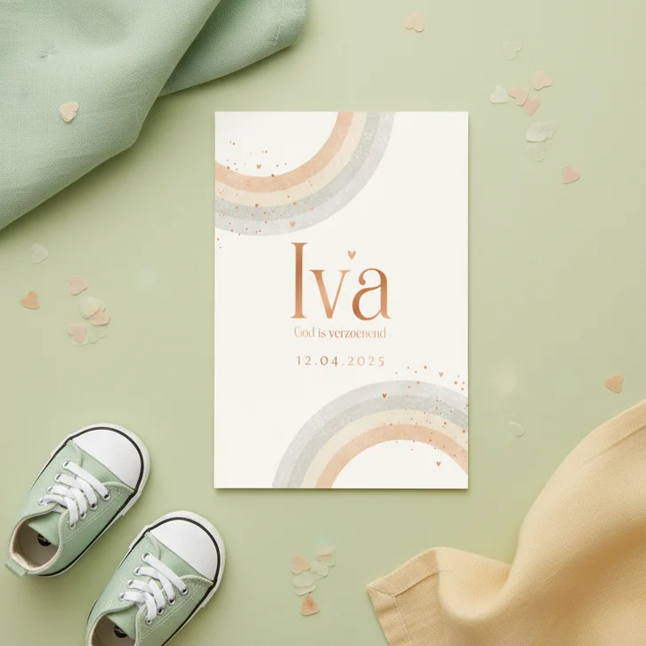 Stijlvol regenboog geboortekaartje aarde hartjes koper groen