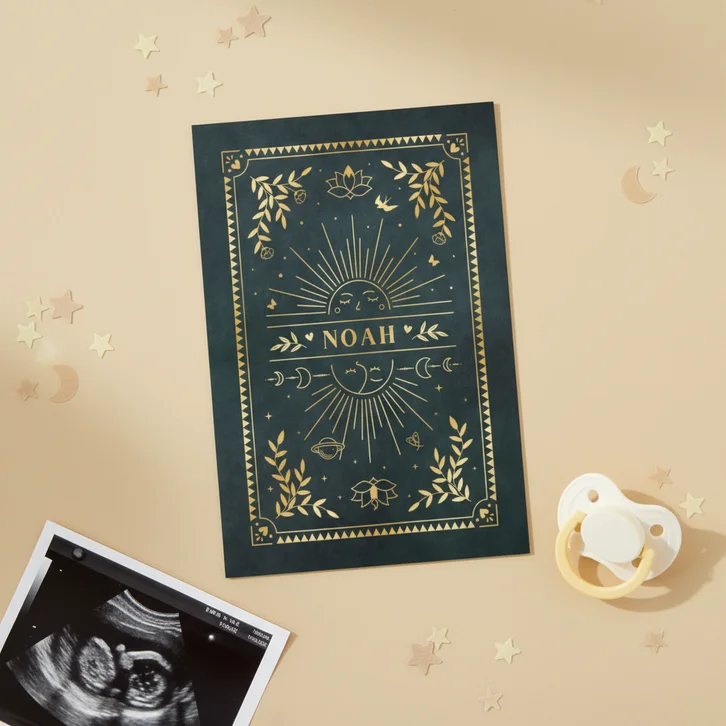 Stijlvol trendy geboortekaartje jongen met maan en zon 