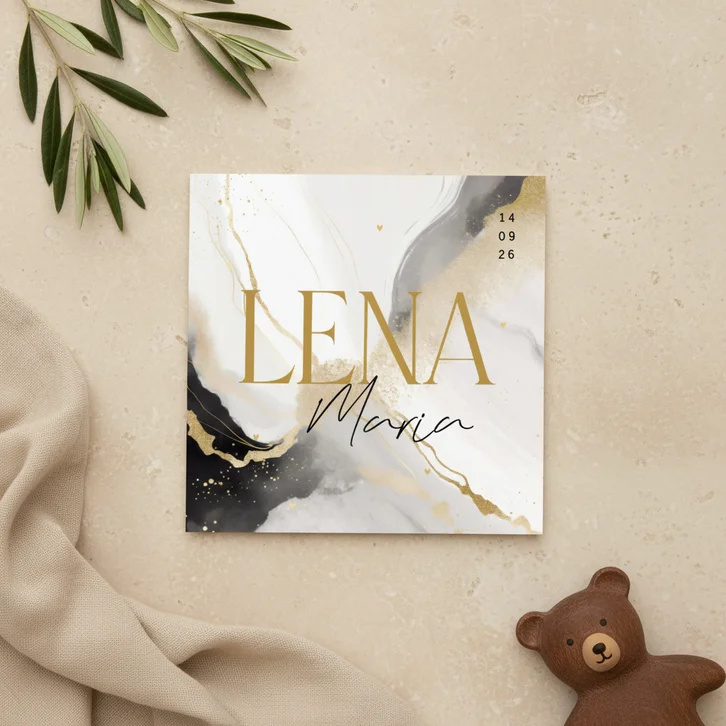 Stijlvol vierkant geboortekaartje marmer zwart wit goud