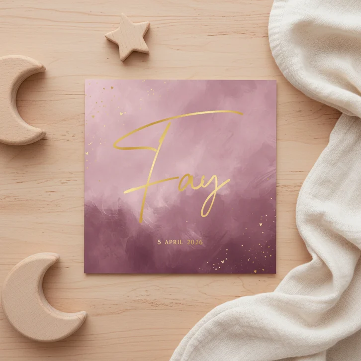 Stijlvol vierkant geboortekaartje paars waterverf goud 