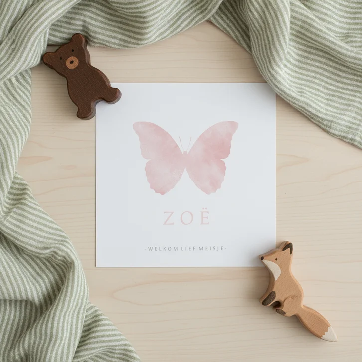 Stijlvol wit geboortekaartje met waterverf silhouet vlinder