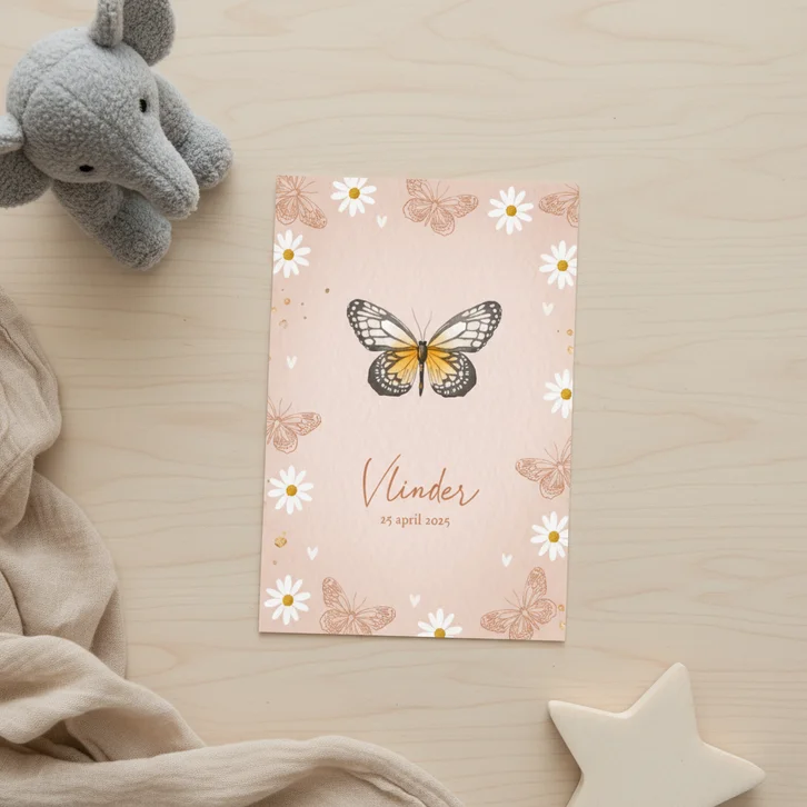 Stijlvolle geboortekaart met vlinders en madeliefjes
