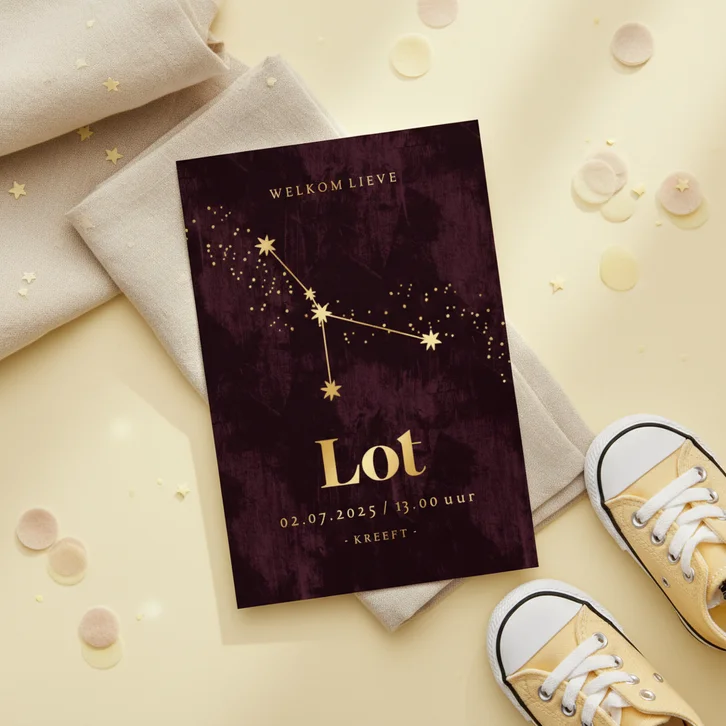 Stijlvolle geboortekaart sterrenbeeld kreeft astrologie goud