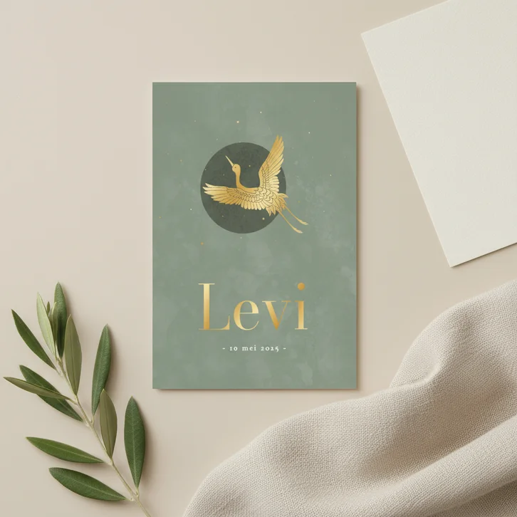 Stijlvolle geboortekaartjes donkergroen met gouden vogel