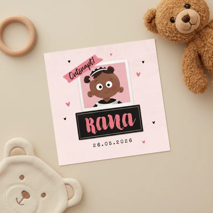 Stoer geboortekaartje boefje meisje baby roze polaroid