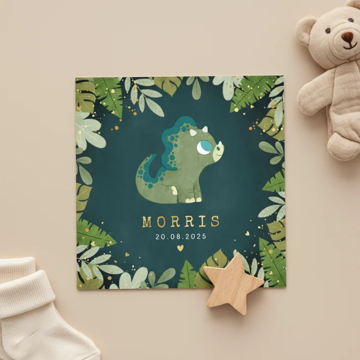 Stoer geboortekaartje dino jungleplantjes en hartjes