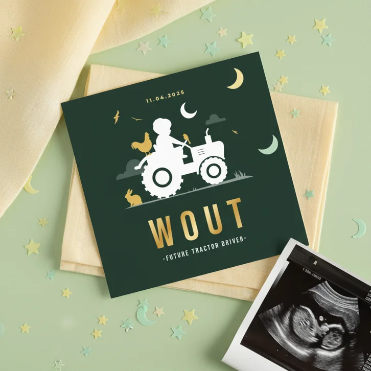 Stoer geboortekaartje tractor silhouet dieren vogels