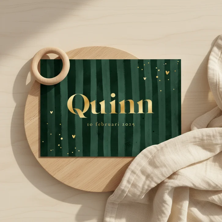 Stoer stijlvol geboortekaartje groen streepjes goud