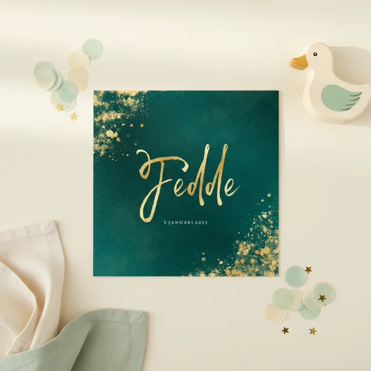 Stoere groene geboortekaartjes met goudfolie sterretjes