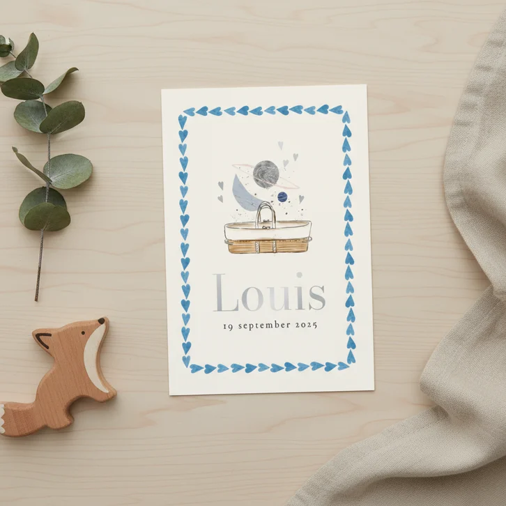 Trendy geboortekaartje astrologie zilver hartjes wieg