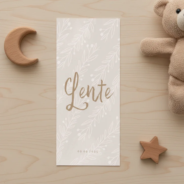 Trendy geboortekaartje beige takjes lange dubbele kaart