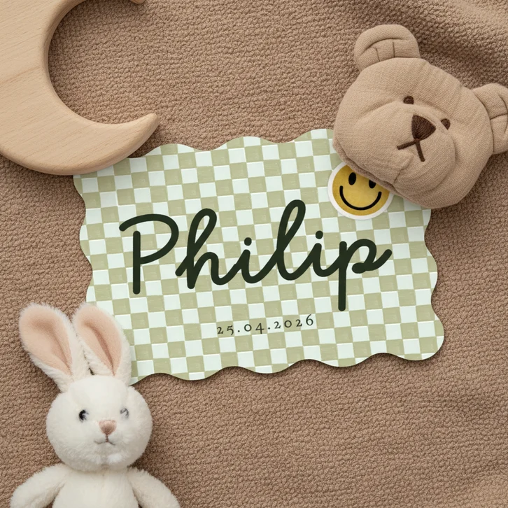 Trendy geboortekaartje blokpatroon groen smiley patch