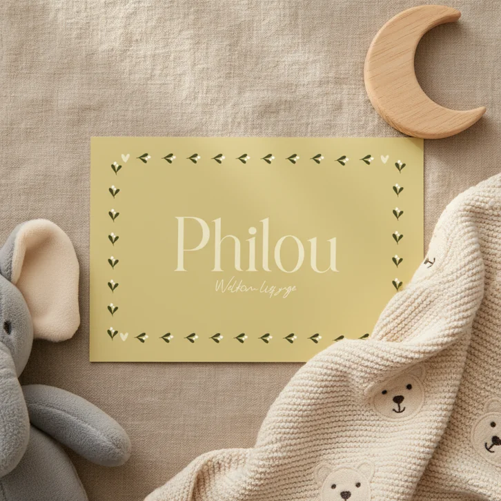 Trendy geboortekaartje geel takjes kader