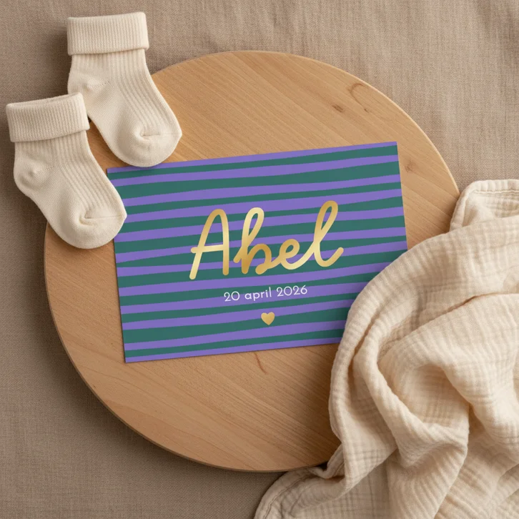 Trendy geboortekaartje kleurrijke streep hartje goud