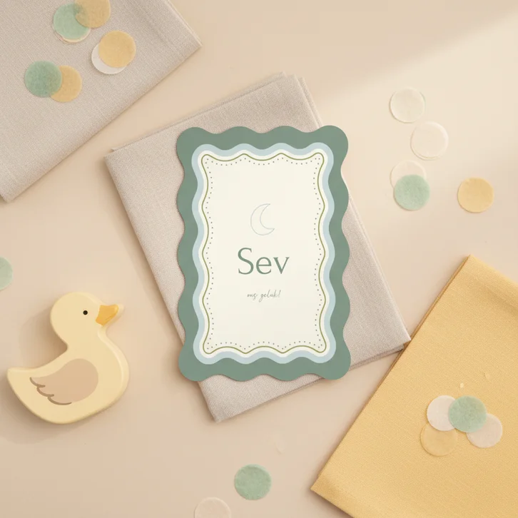  Trendy geboortekaartje met golvend kader en maan 