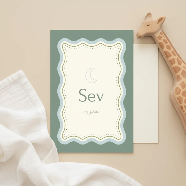 Trendy geboortekaartje met maan en golvend kader