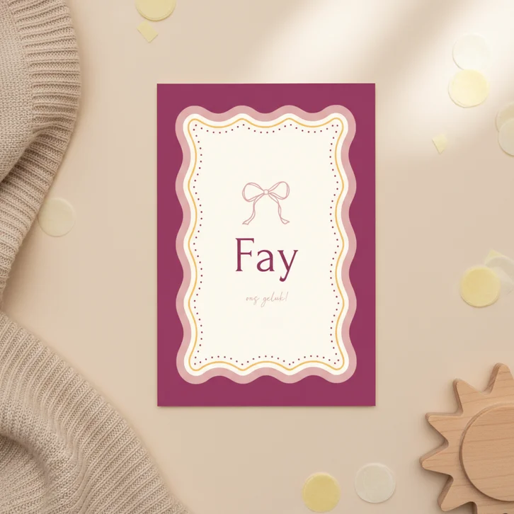 Trendy geboortekaartje met strik en golvend kader