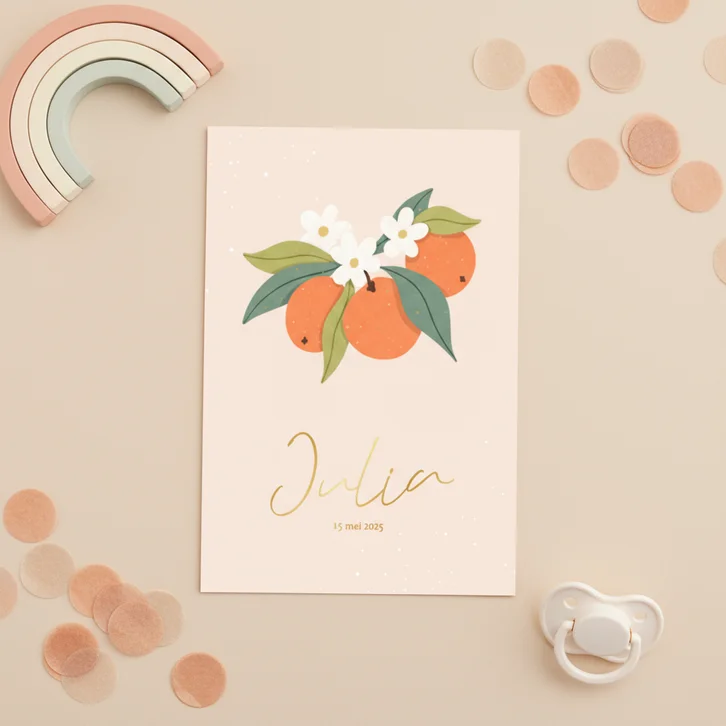 Trendy geboortekaartje oranje met sinaasappels goudfolie