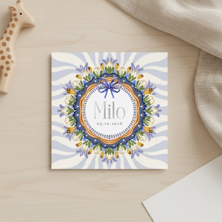 Trendy geboortekaartje streeppatroon bloemenkader zilver