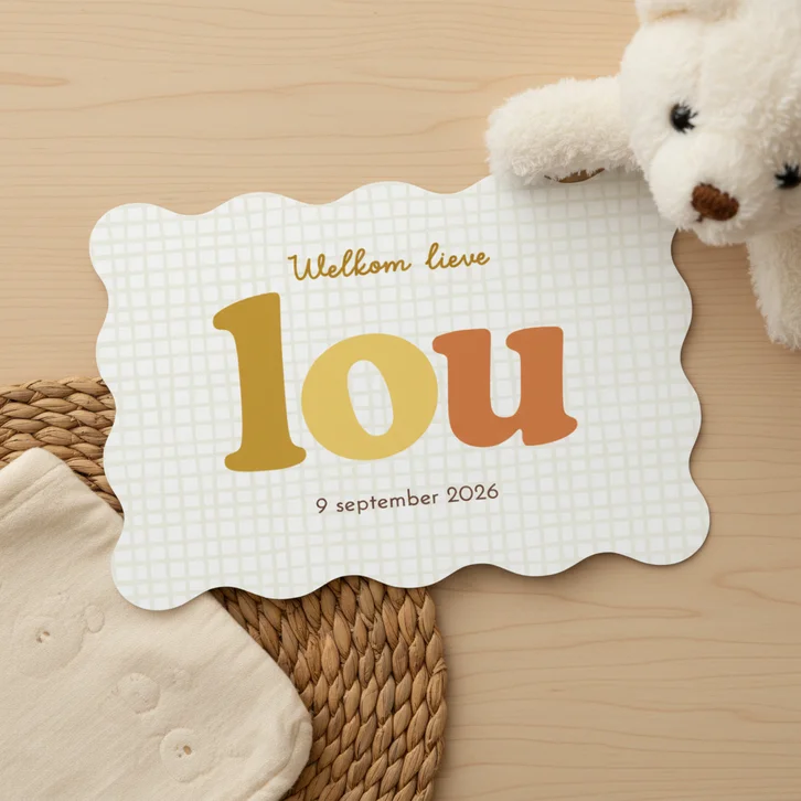 Trendy geboortekaartje wave kleurrijk blokpatroon stoer