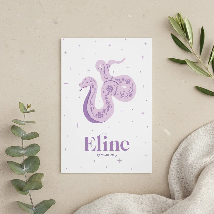Trendy lila geboortekaartje met slang Chinees sterrenbeeld