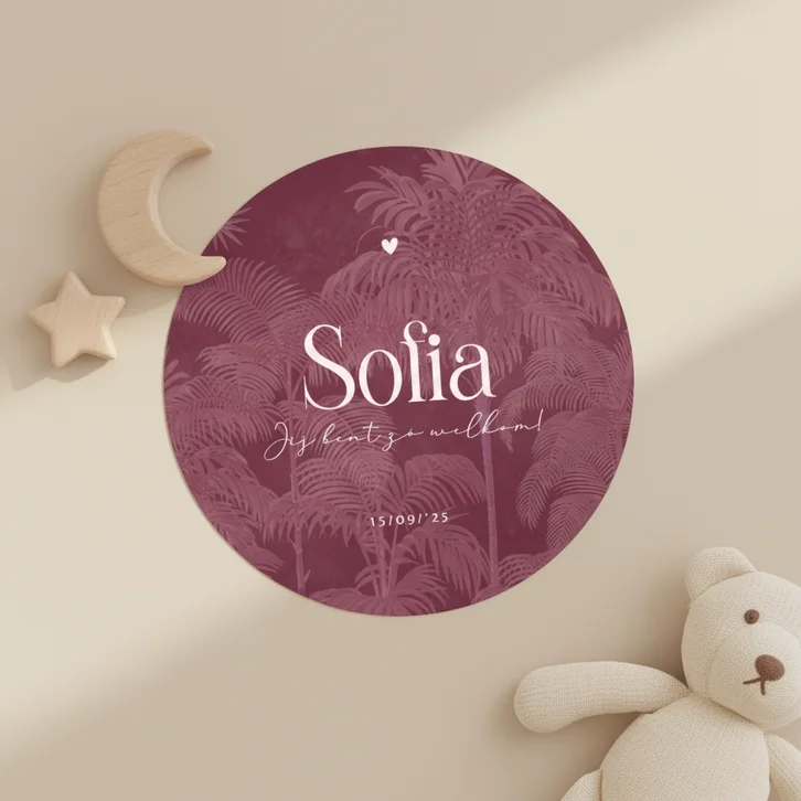 Trendy roze geboortekaartje met palmbomen patroon rond