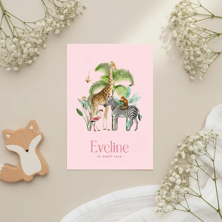 Trendy roze jungle geboortekaartje met giraf en zebra