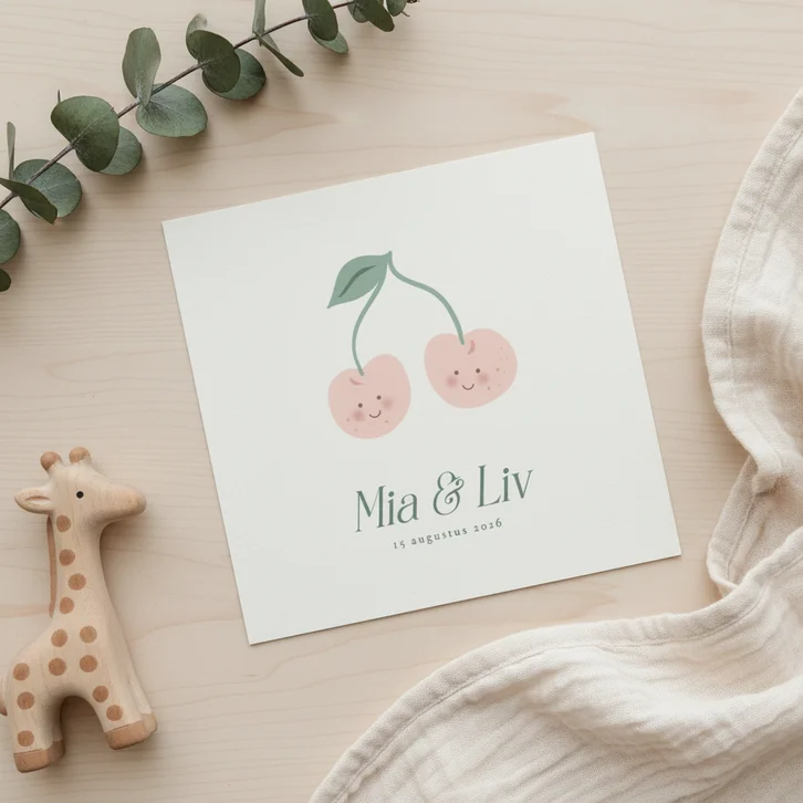 Tweeling geboortekaartje met kersjes met gezichtje