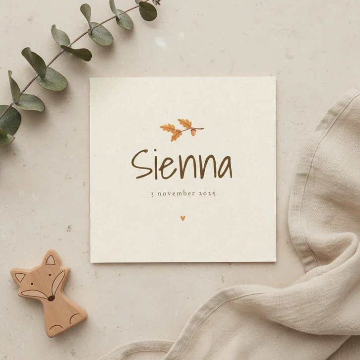 Unisex geboortekaartje herfst takje kraft papier hartje