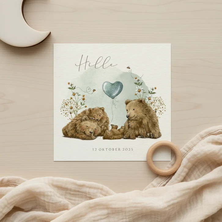 Vierkant geboortekaartje derde kindje met beertjes