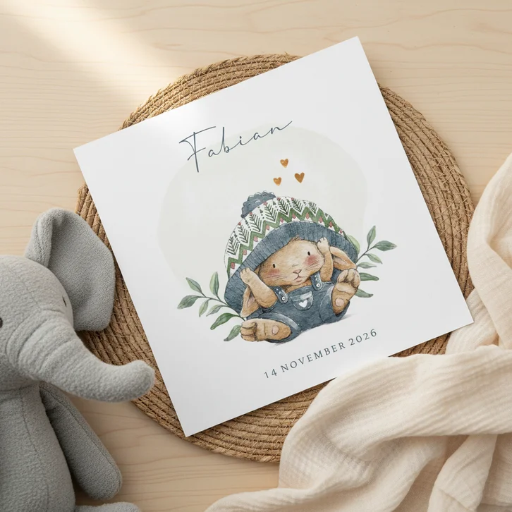 Vierkant geboortekaartje jongen met lief konijntje 