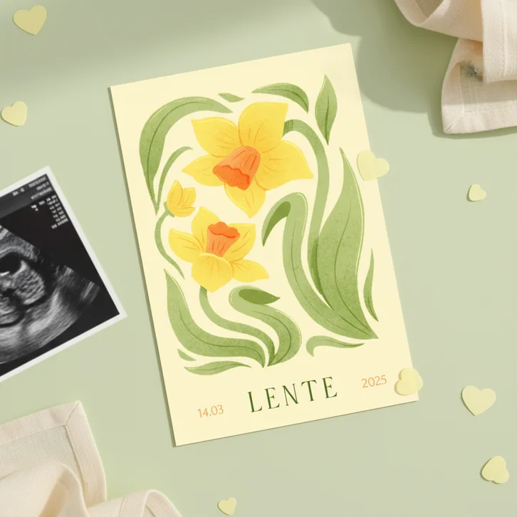 Vrolijk geboortekaartje geboortebloemen narcis