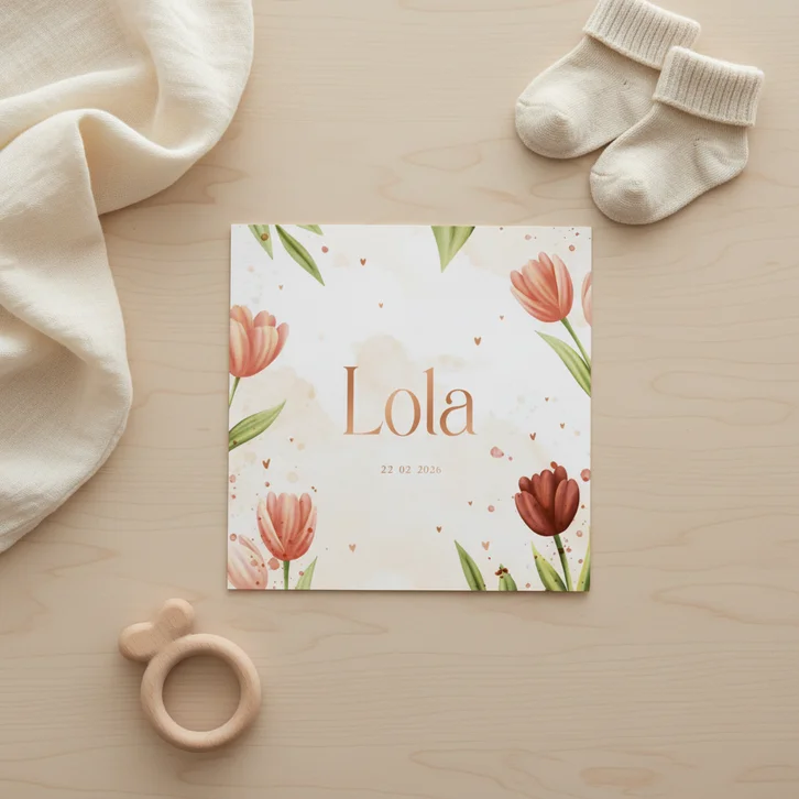 Vrolijk geboortekaartje lente thema met tulpen en hartjes