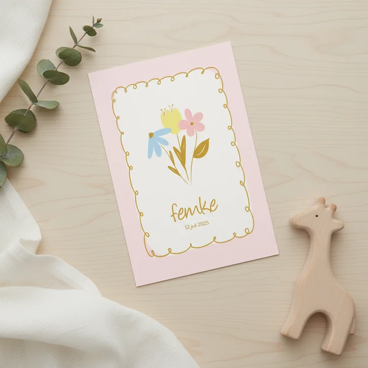 Vrolijk geboortekaartje met roze rand en bloemetjes