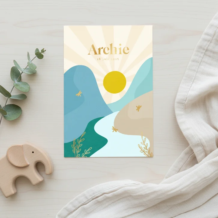  Vrolijke geboortekaartjes met landschap libelle goud jongen