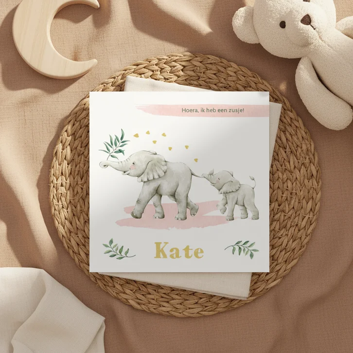 Vrolijke olifantjes op botanisch geboortekaartje zusje