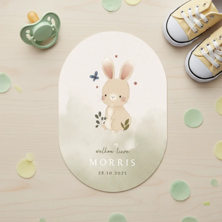Waterverf geboortekaartje met konijn, plantjes en vlindertje