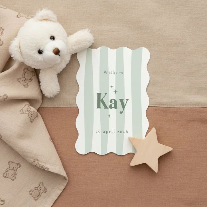 Wave geboortekaartje stoer gestreept sterretjes groen