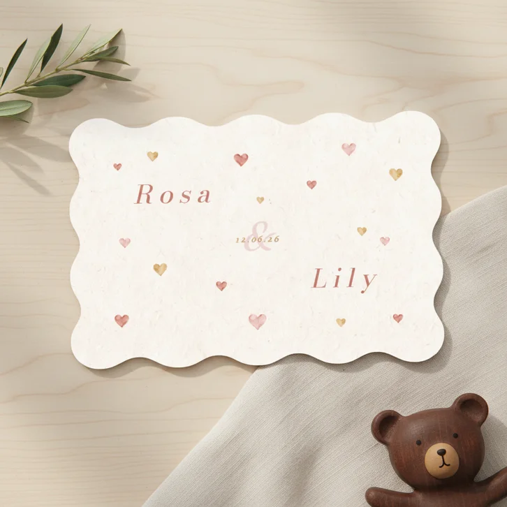 Wave geboortekaartje tweeling hartjes beige roze lief