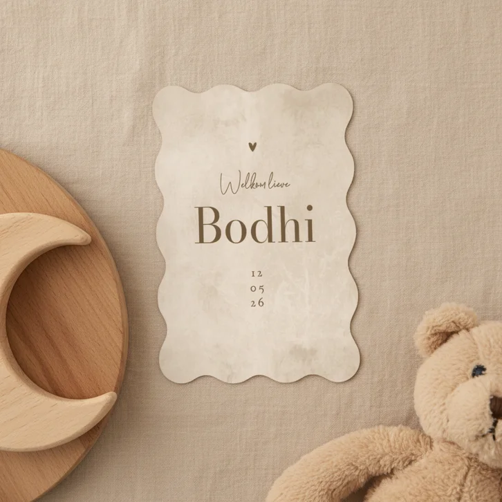 wave vorm geboortekaartje unisex hartje zandkleur