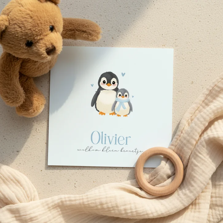 Winter geboortekaartje pinguïn een broertje lichtblauw
