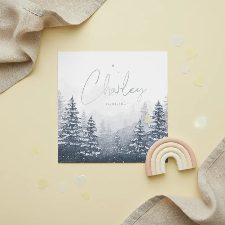 Winter geboortekaartje unisex landschap sneeuw bomen