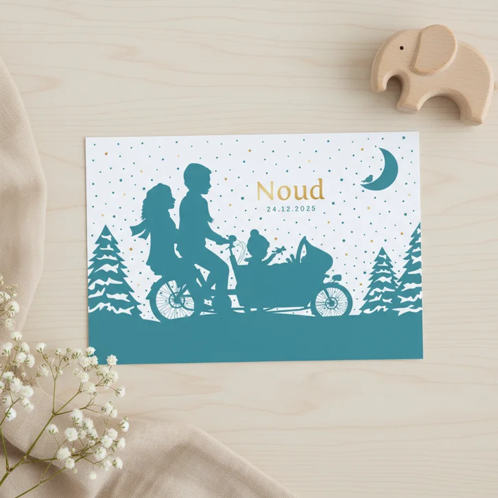 Winters geboortekaartje jongen met 2 broertjes in bakfiets 
