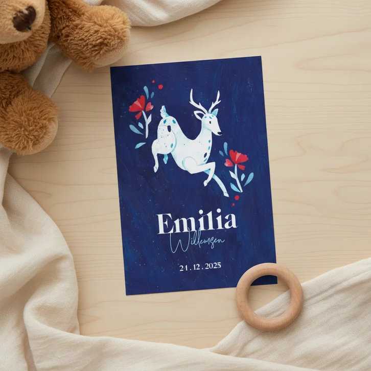 Winters geboortekaartje met hert en bloemen