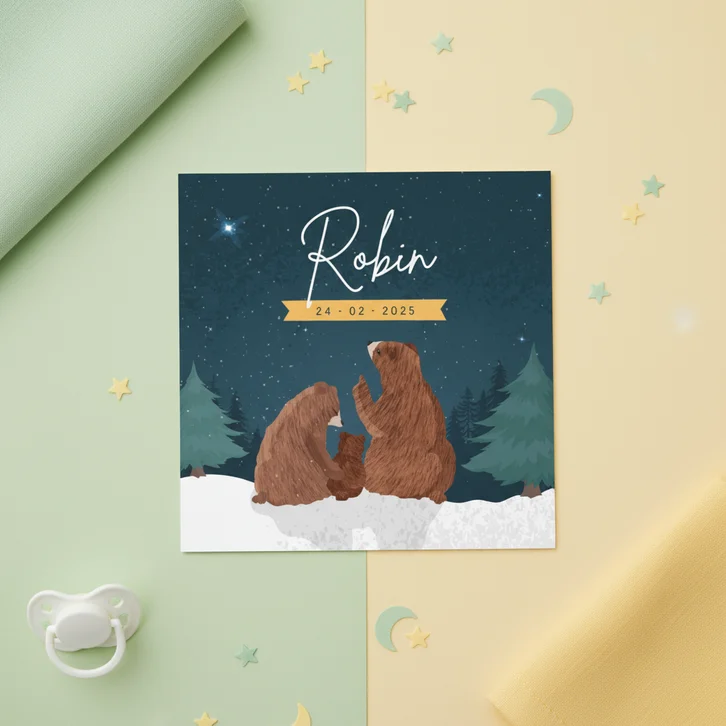 Winters geboortekaartje met illustratie van 3 beren