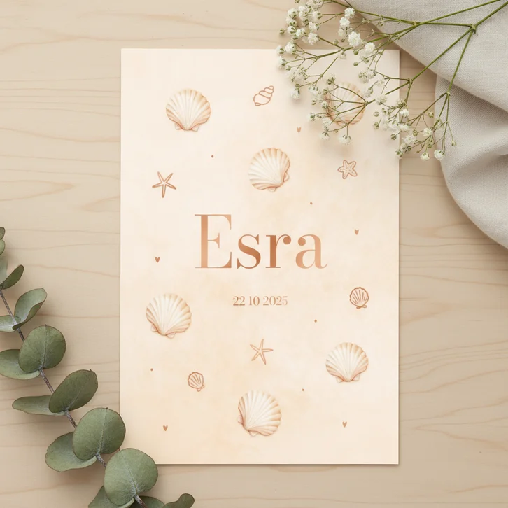 Zandkleurig geboortekaartje met schelpjes patroon