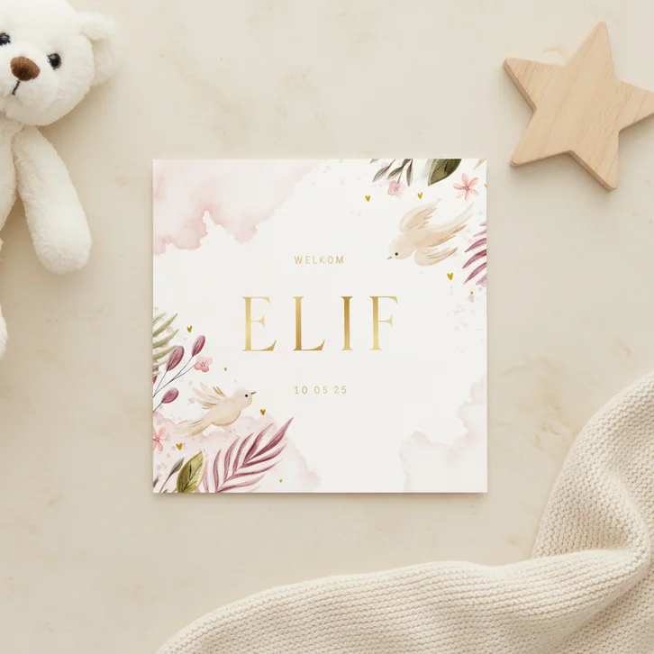 Zomers geboortekaartje met takjes, bloemen en duiven